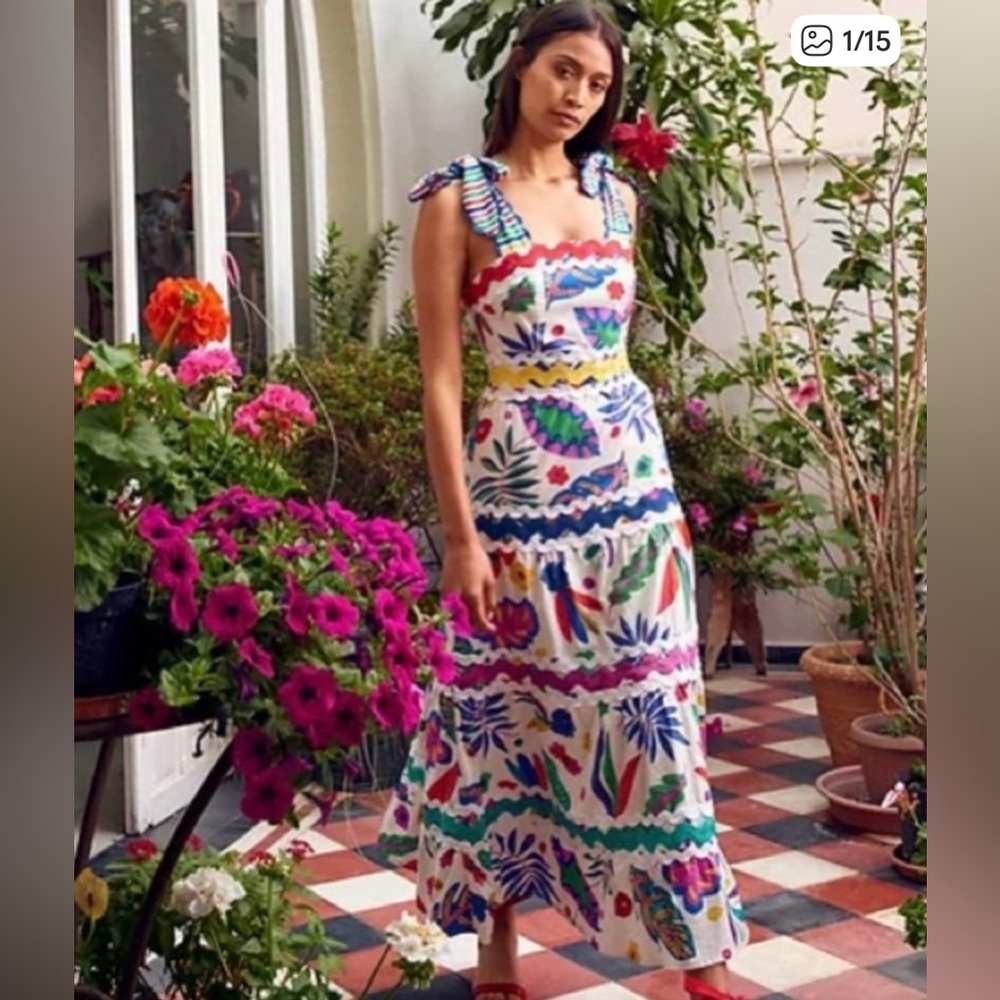 Celia B Jade Dress tropical floral print multicolor tiered maxi skirt trim NwT S